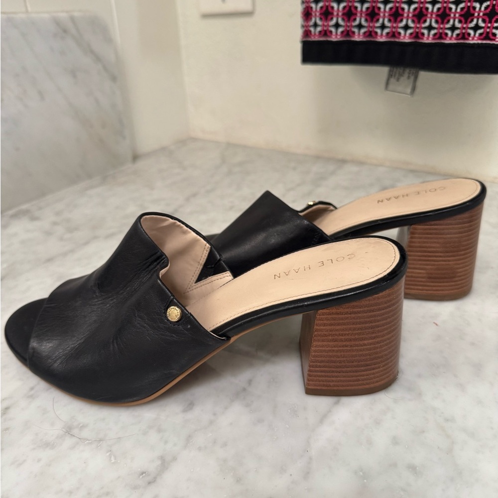 Cole Haan Black Leather Mules with Wooden Heel - Picture 4 of 7